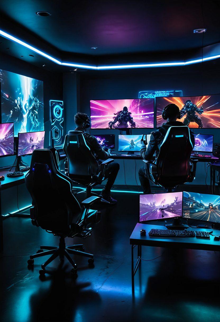 A futuristic gaming setup featuring a sleek, high-tech gaming chair, dual curved monitors displaying vibrant virtual worlds, and neon LED lights creating an immersive atmosphere. In the foreground, a diverse group of gamers intensely engaged in multiplayer action, showcasing different gaming styles and devices. Include floating holographic elements that represent gaming tips and trends, enhancing the scene's dynamic feel. cyberpunk aesthetic. super-realistic. vibrant colors.