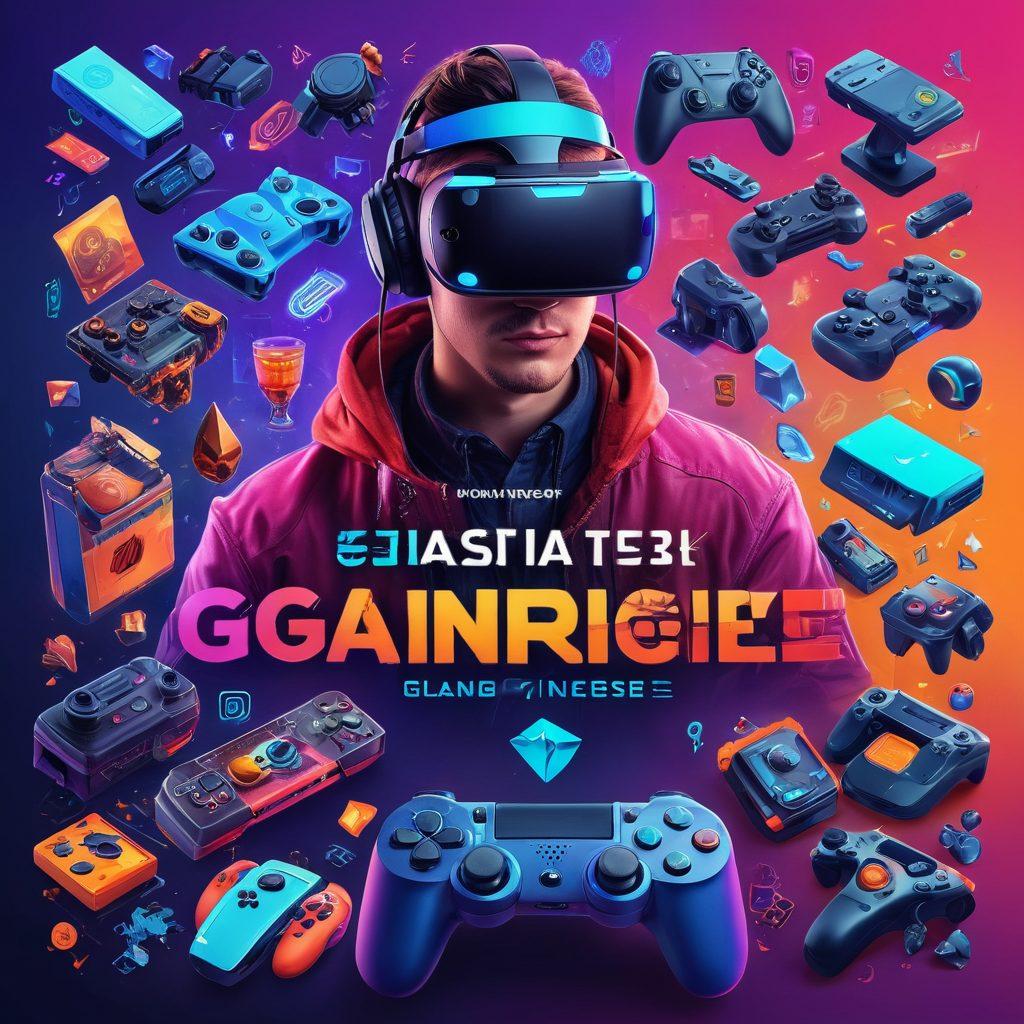 A dynamic collage of gaming elements showcasing a variety of characters and gaming consoles, with a vibrant gradient background. Include beginner-friendly icons like a game controller and a checklist alongside pro-level gadgets like VR headsets and esports trophies. Feature players of diverse backgrounds engaged in gaming, emphasizing teamwork and competition. Add a playful font overlay with the title 'Essential Tips and Tricks for Gamers' to enhance the theme. super-realistic. vibrant colors. high contrast.