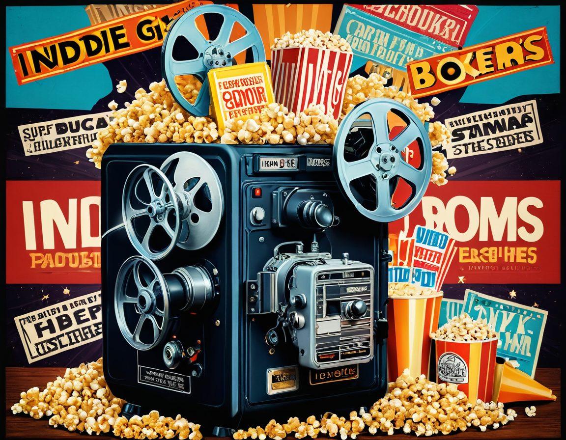 A dynamic collage featuring a vintage film projector illuminating the words 'Indie Gems and Blockbusters'. Include stacks of indie film reels and blockbuster posters in vibrant colors, surrounded by popcorn and 3D glasses. The background should have a cozy movie theater ambiance with warm lighting and retro decor. super-realistic. vibrant colors. cozy atmosphere.
